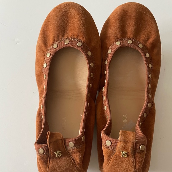 Yosi Samra from Anthropologie. Rust color suede driving flats with gold studs